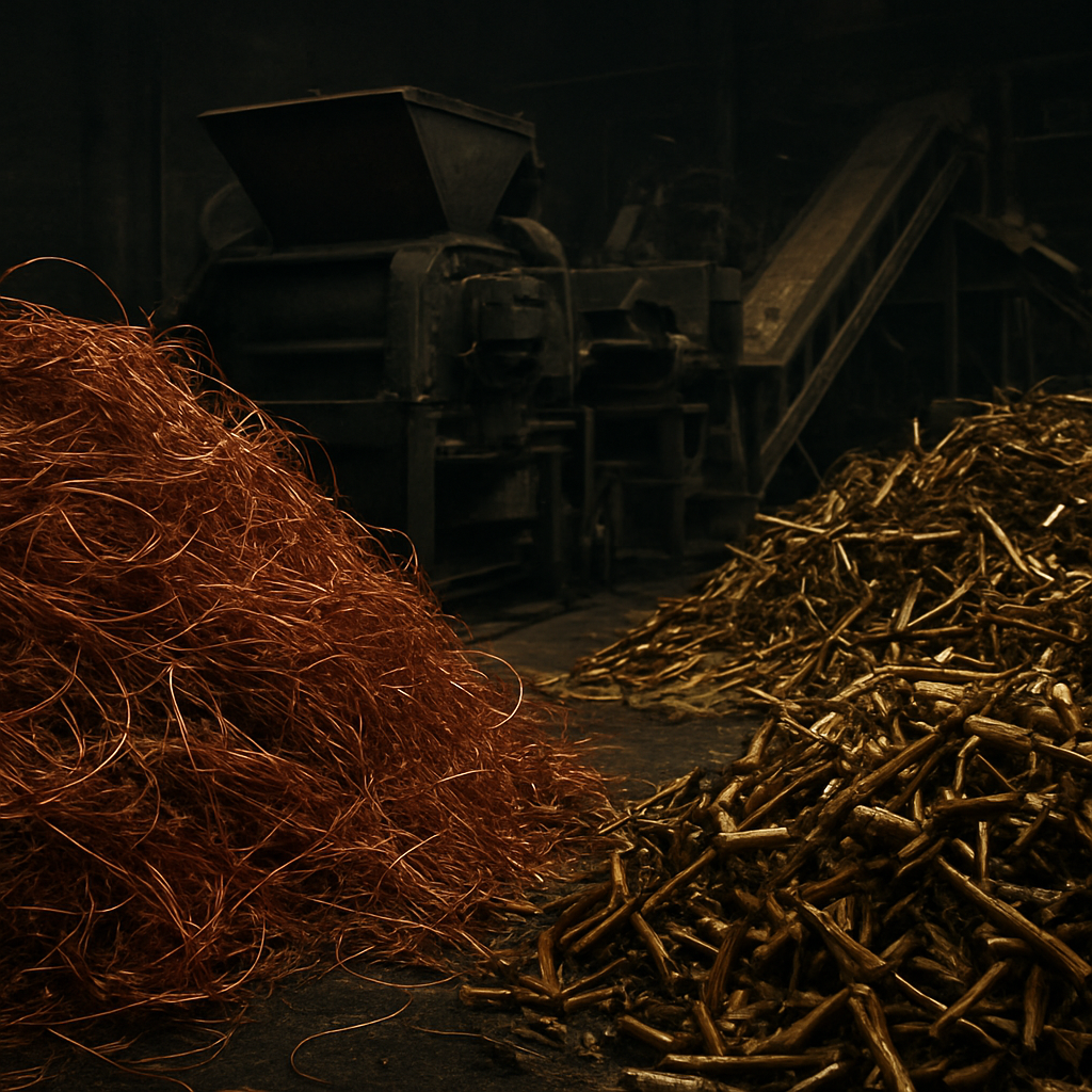 Copper and brass scrap being prepared and shredded for separation and recovery