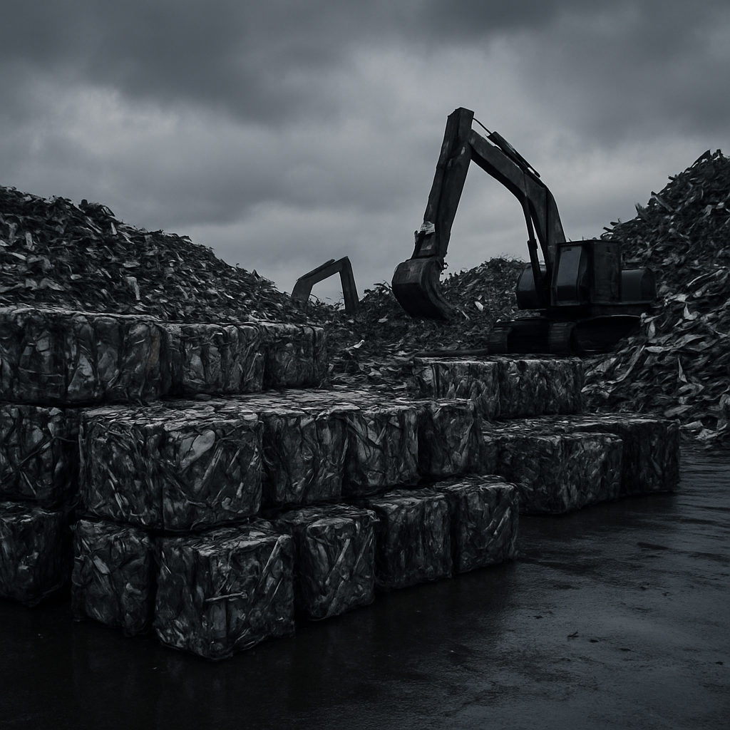 Metal scrap yard with balers, shears and shredders processing ferrous and non-ferrous material