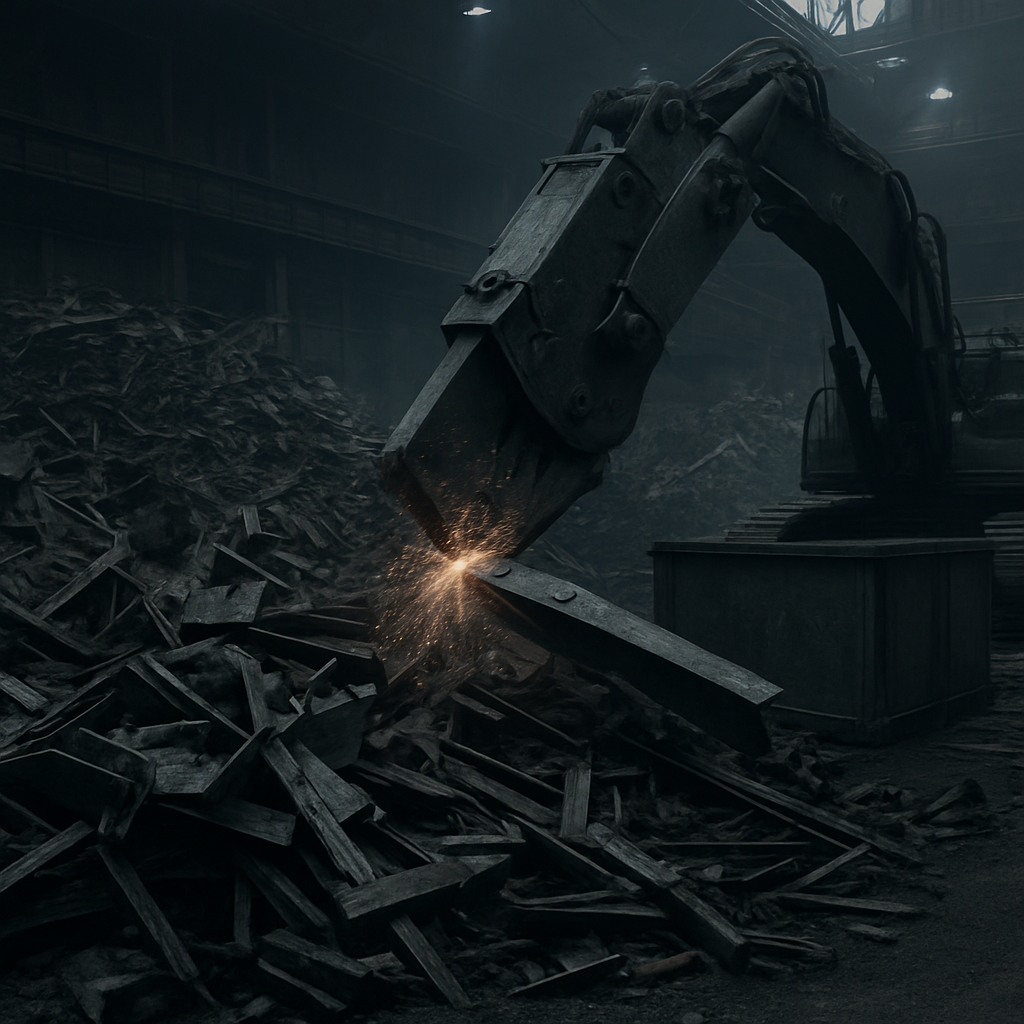 Heavy steel scrap and structural sections being cut and sized for furnace feed